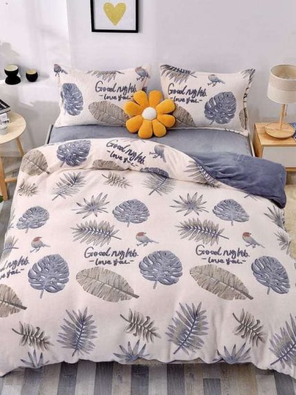 Lenjerie Cocolino 1 Persoana, Super Pufoasa, 4 piese, Jojo Home, Gri-Alb, Frunze
