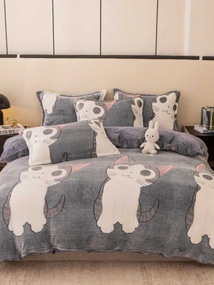 Lenjerie Cocolino 1 Persoana, Super Pufoasa, 4 piese, Jojo Home, Gri, Pisici