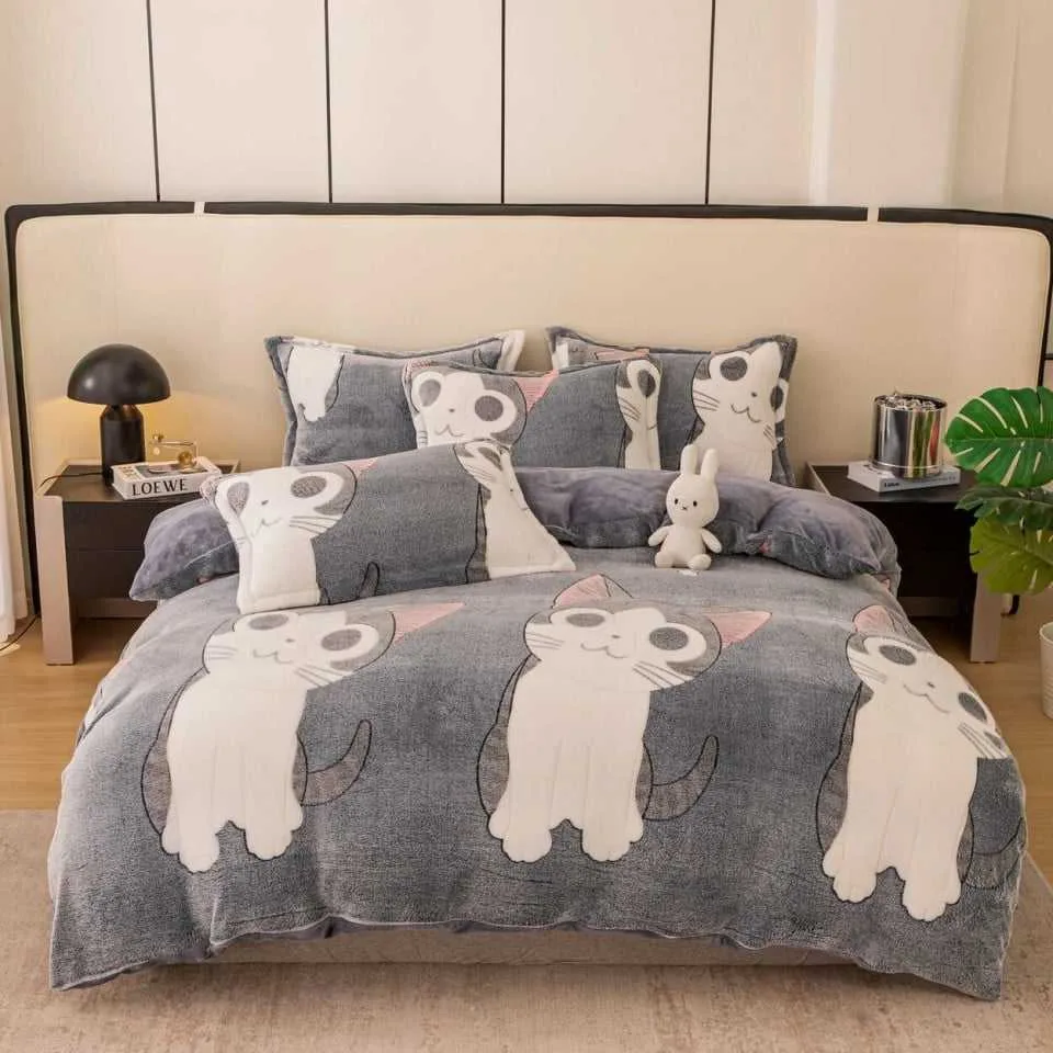 Lenjerie Cocolino 1 Persoana, Super Pufoasa, 4 piese, Jojo Home, Gri, Pisici