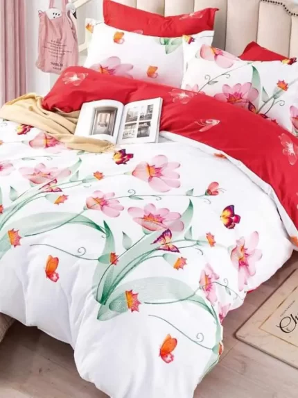 Lenjerie pat dublu, BUMBAC FINET, 6 piese, Jojo Home, Alb-Multicolor, flori, fluturi