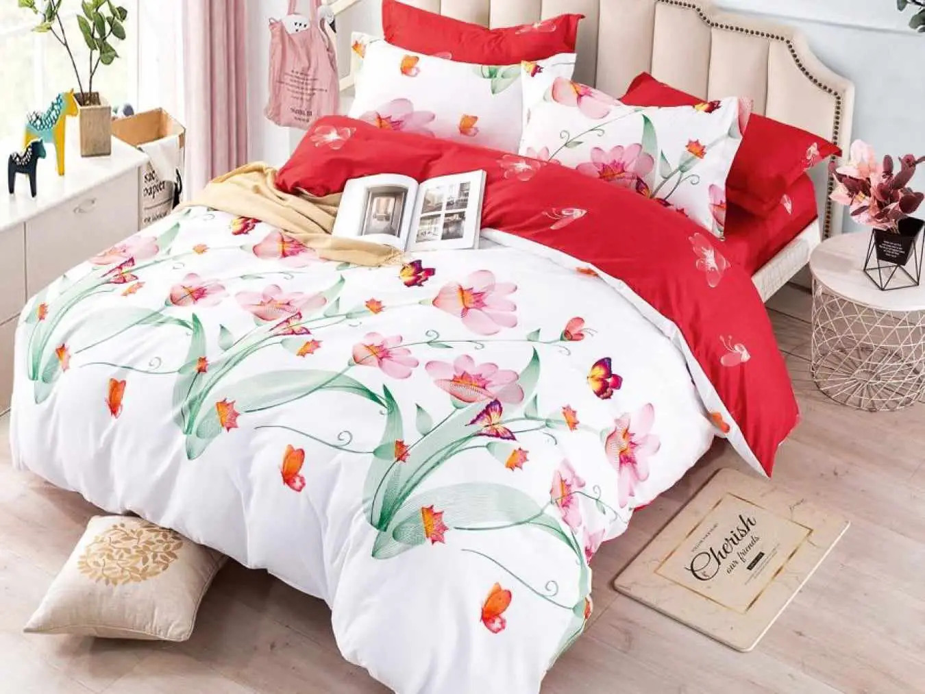Lenjerie pat dublu, BUMBAC FINET, 6 piese, Jojo Home, Alb-Multicolor, flori, fluturi