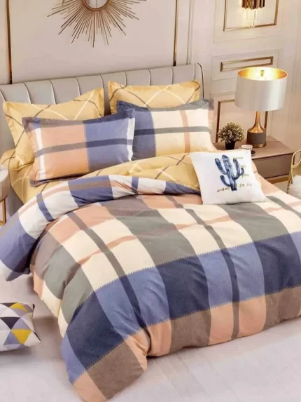 Lenjerie pat dublu, BUMBAC FINET, 6 piese, cu ELASTIC, Jojo Home, Bej-Albastru, carouri