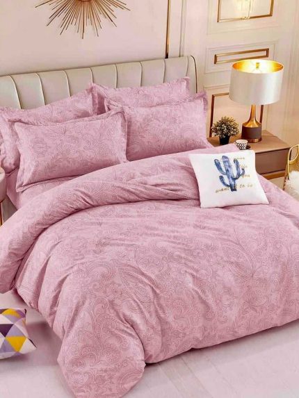 Lenjerie pat dublu, BUMBAC FINET, 6 piese, cu ELASTIC, Jojo Home, Roz, flori