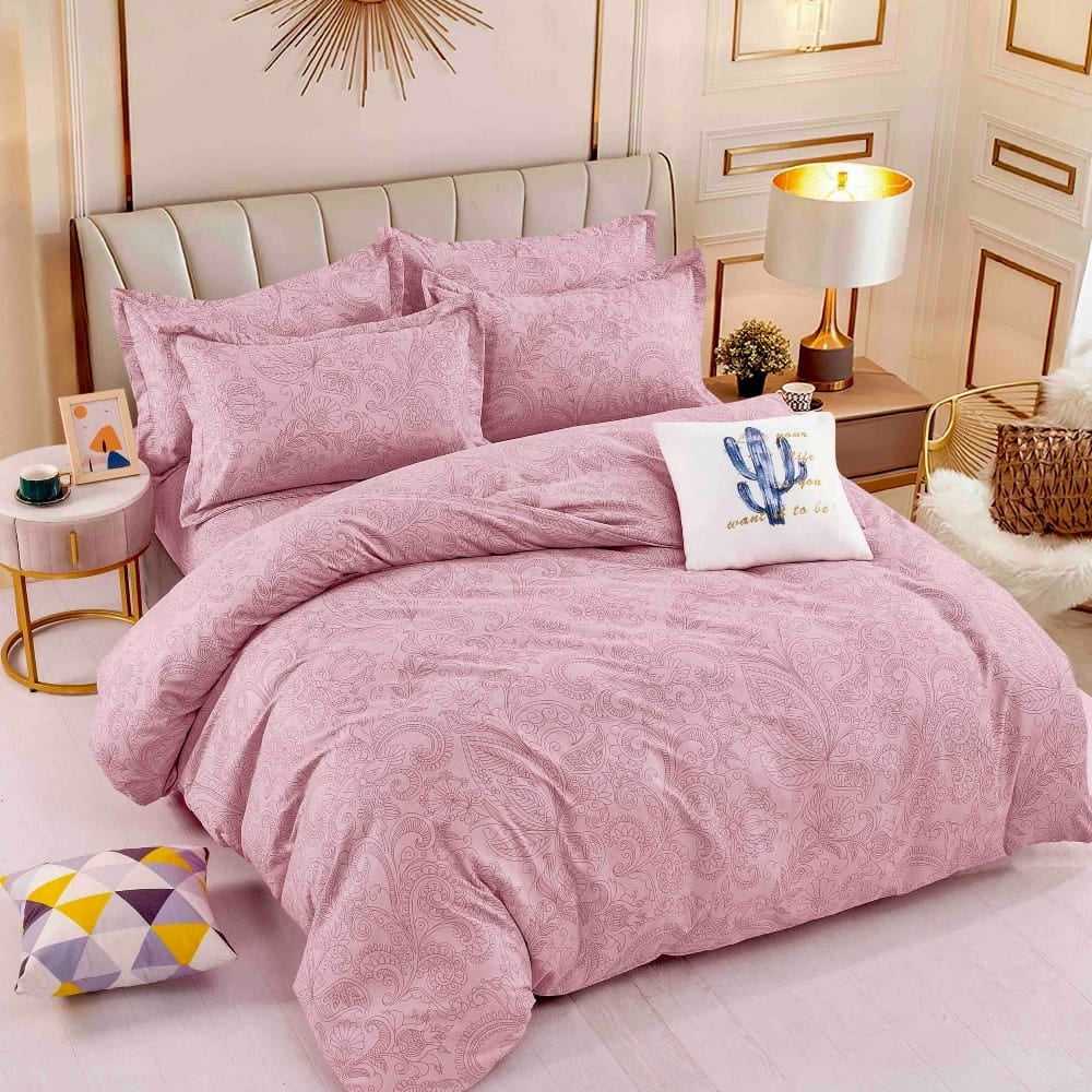 Lenjerie pat dublu, BUMBAC FINET, 6 piese, cu ELASTIC, Jojo Home, Roz, flori