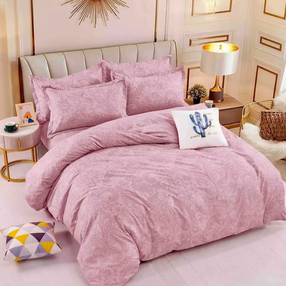 Lenjerie pat dublu, BUMBAC FINET, 6 piese, cu ELASTIC, Jojo Home, Roz, flori