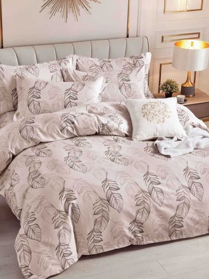 Lenjerie pat dublu, BUMBAC FINET, 6 piese, cu ELASTIC, Jojo Home, Bej, frunze