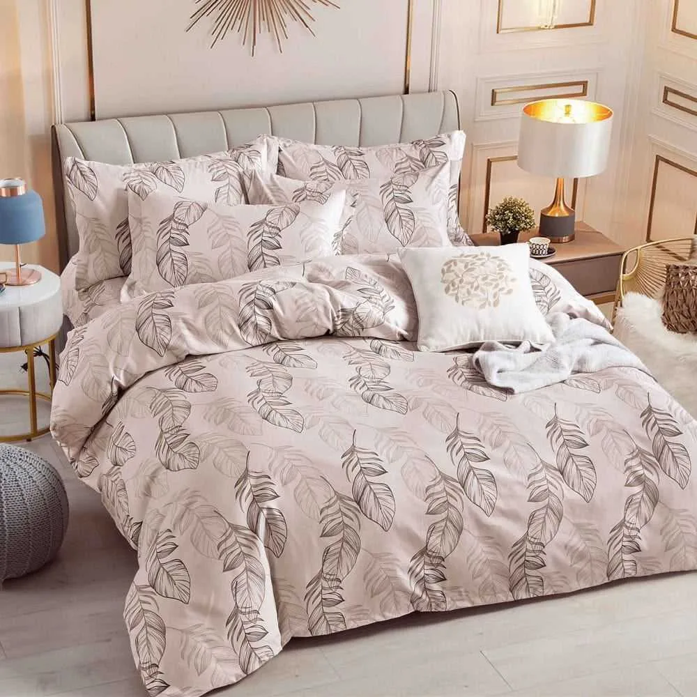 Lenjerie pat dublu, BUMBAC FINET, 6 piese, cu ELASTIC, Jojo Home, Bej, frunze