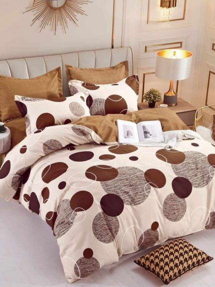 Lenjerie pat dublu, BUMBAC FINET, 6 piese, cu ELASTIC, Jojo Home, Bej-Maro, buline