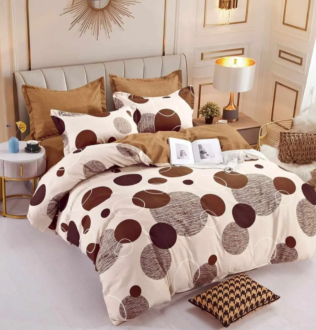 Lenjerie pat dublu, BUMBAC FINET, 6 piese, cu ELASTIC, Jojo Home, Bej-Maro, buline