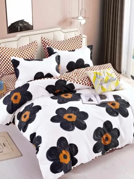 Lenjerie pat dublu, BUMBAC FINET, 6 piese, cu ELASTIC, Jojo Home, Alb-Negru, flori