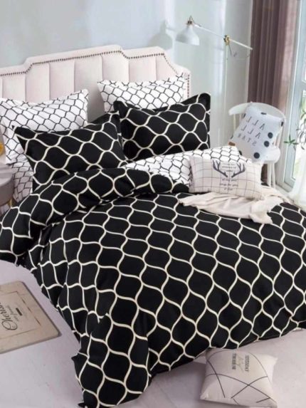 Lenjerie pat dublu, BUMBAC FINET, 6 piese, cu ELASTIC, Jojo Home, Negru-Alb, model elegant