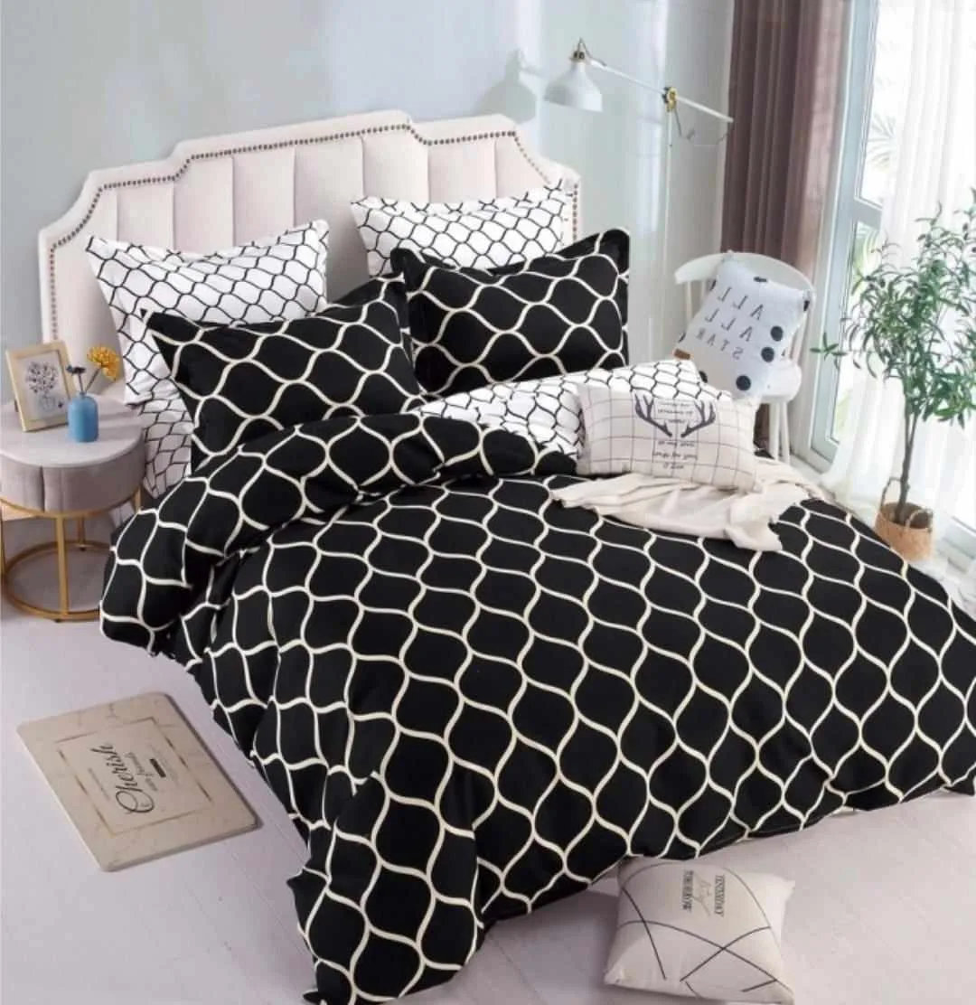 Lenjerie pat dublu, BUMBAC FINET, 6 piese, cu ELASTIC, Jojo Home, Negru-Alb, model elegant