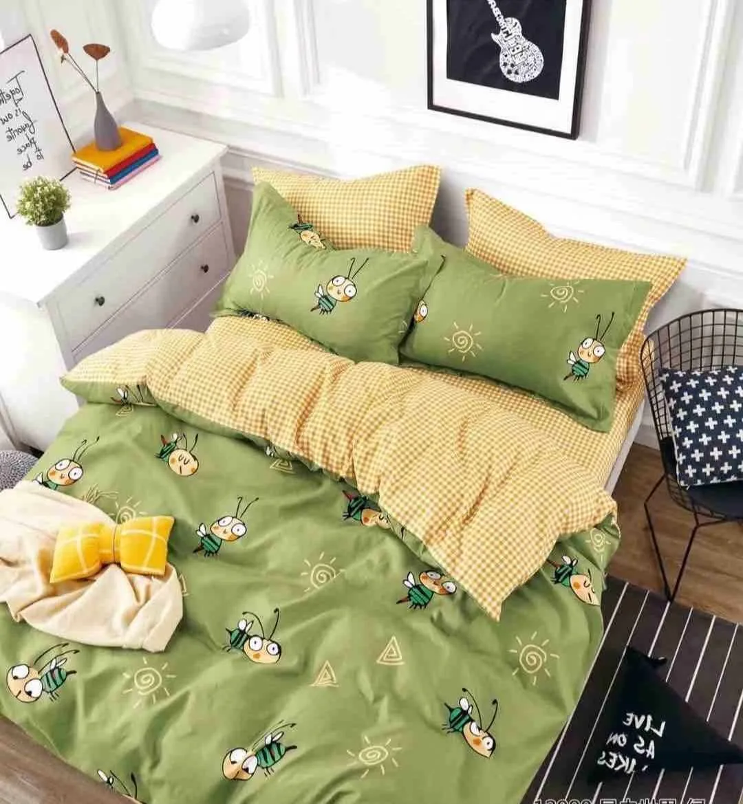 Lenjerie pat dublu, BUMBAC FINET, 6 piese, cu ELASTIC, Jojo Home, Verde, albinute