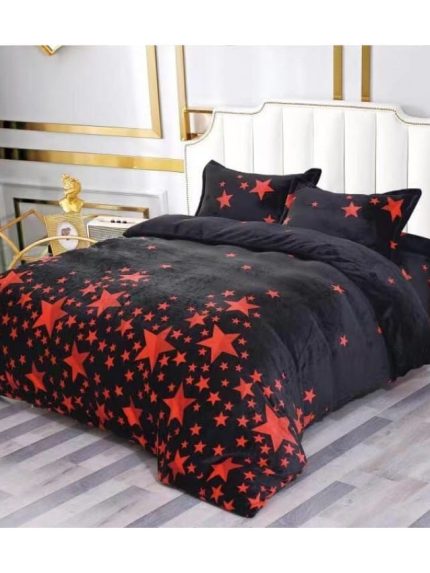 Lenjerie Cocolino, Super Pufoasa, Pat Dublu 4 piese, Negru cu stelute rosii