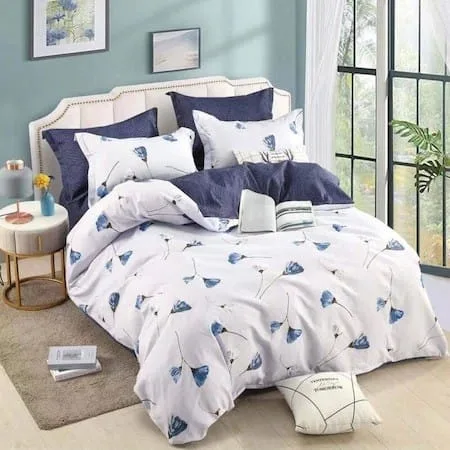 Lenjerie BUMBAC FINET, 6 piese, JOJO Home, Alb- Albastru FYN2