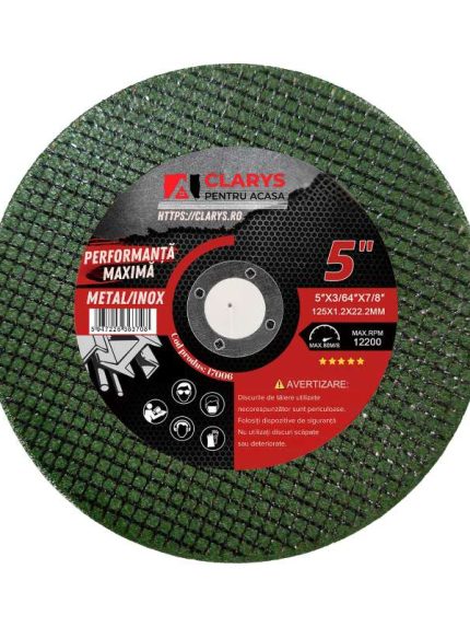 Disc verde de tăiere pentru metal/inox CLARYS, 125×1,2×22,23 mm