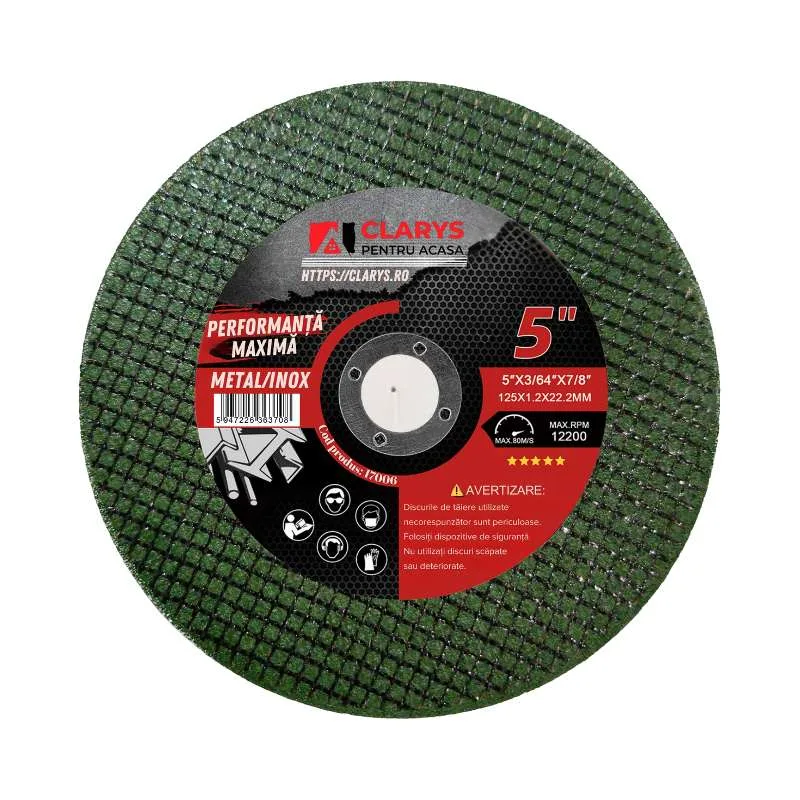 Disc verde de tăiere pentru metal/inox CLARYS, 125×1,2×22,23 mm